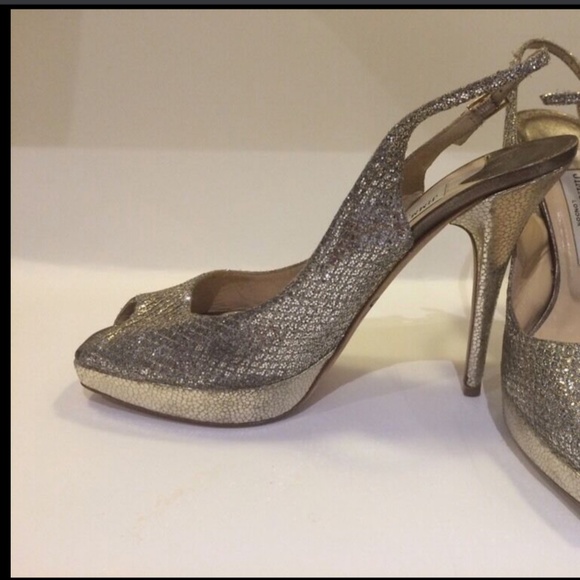 Jimmy Choo Clue Silver Glitter‎ Slingback Pump Platform Sandal Shoe [ 38.5 ] - Picture 6 of 14